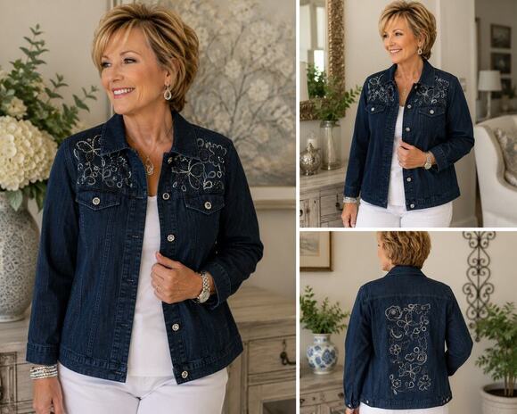The Quacker Factory Jackets & Blazers - Quacker Factory Embroidered Denim Jacket Women's Large Floral Butterfly Bling
